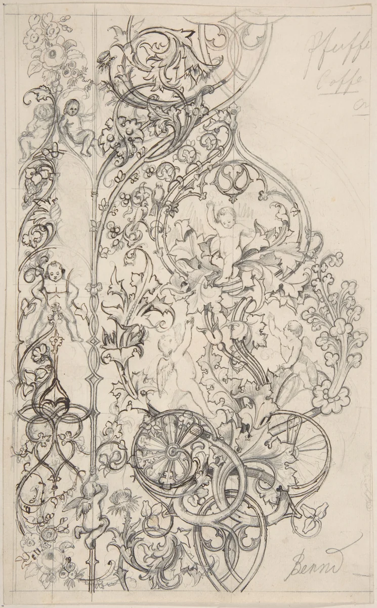 Gothic Ornament with Putti and Acanthus Leaves by Bernd, drawing, 1800-1900