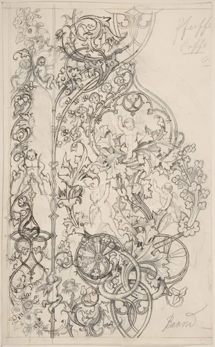 Gothic Ornament with Putti and Acanthus Leaves by Bernd, drawing, 1800-1900