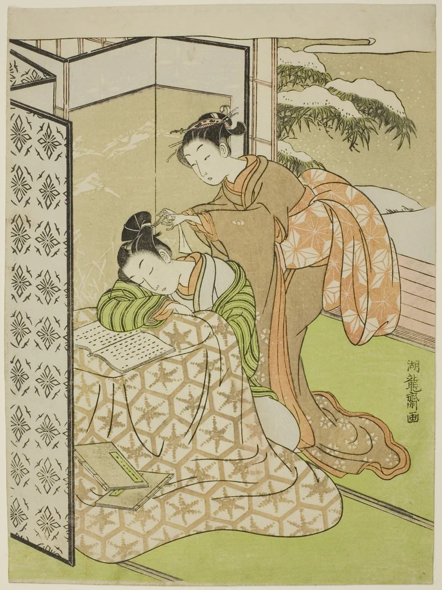 Girl Playing a Prank on a Young Man who is Napping by Isoda Koryusai, print, 1764-1774