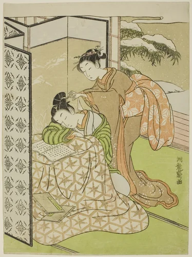 Girl Playing a Prank on a Young Man who is Napping by Isoda Koryusai, print, 1764-1774