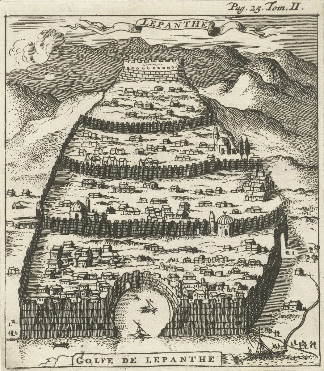Gezicht op Lepanto by Jan Luyken, print, 1679