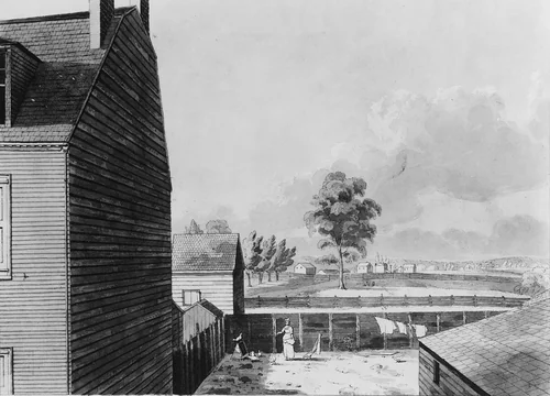 View from My Work Room Window in Hammond Street, New York City by John Hill, artwork, 1826-1830