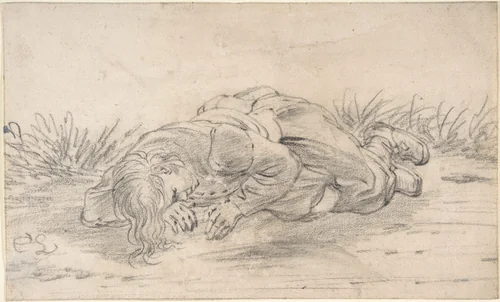 A Boy Sleeping in the Outdoors by Cornelis Saftleven, drawing, 1615-1681