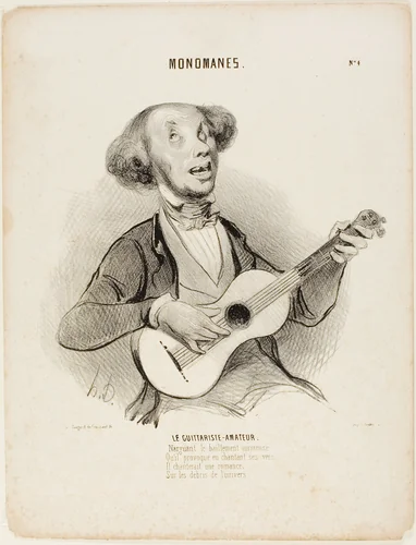 The Amateur Guitarist. Defying everyone's yawns, As he sings his puny verse, He would sing a parlor-song, On the ruins of the universe...,” plate 4 from Monomanes by Honoré-Victorin Daumier, print, 1840