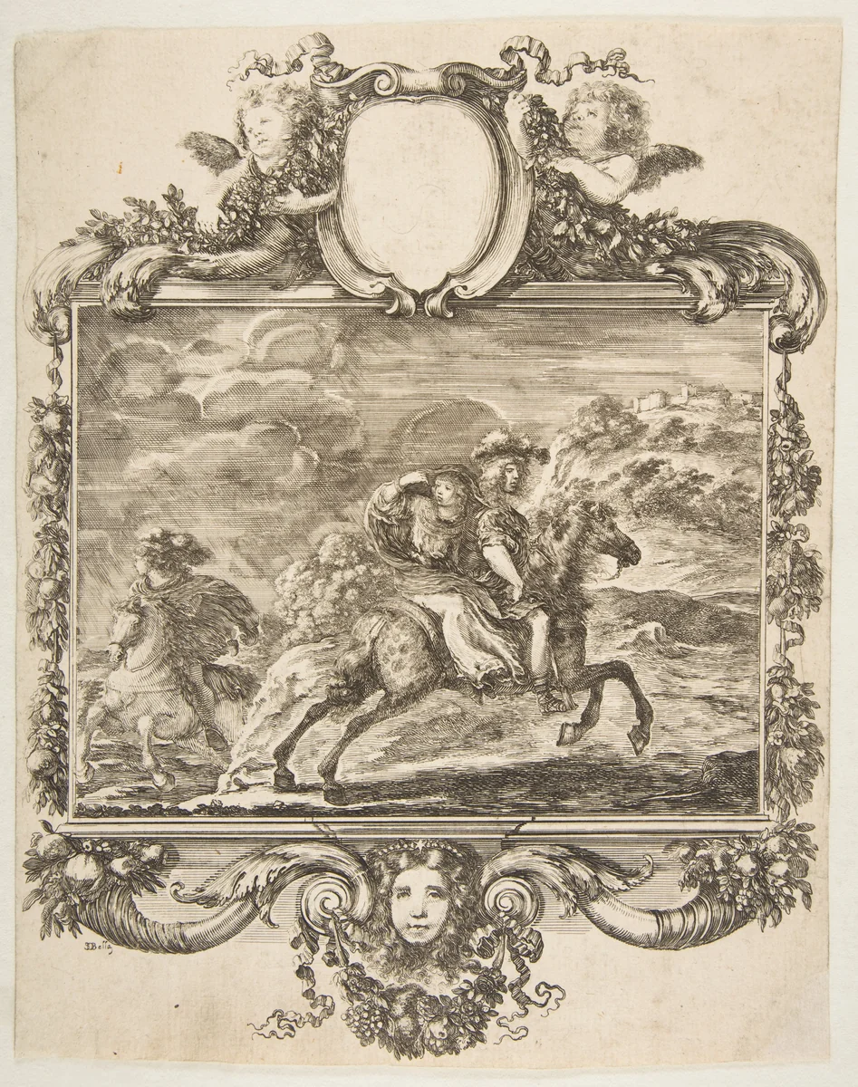 A cavalier and a lady on horseback, within an ornate border decorated with fruit and cornucopias by Stefano della Bella, print, 1650-1660