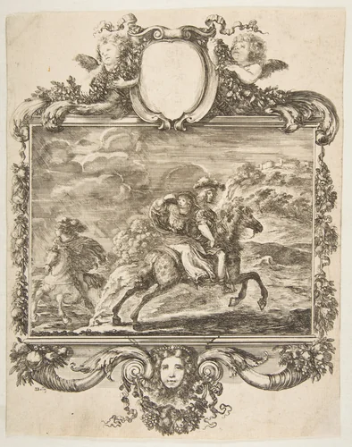 A cavalier and a lady on horseback, within an ornate border decorated with fruit and cornucopias by Stefano della Bella, print, 1650-1660
