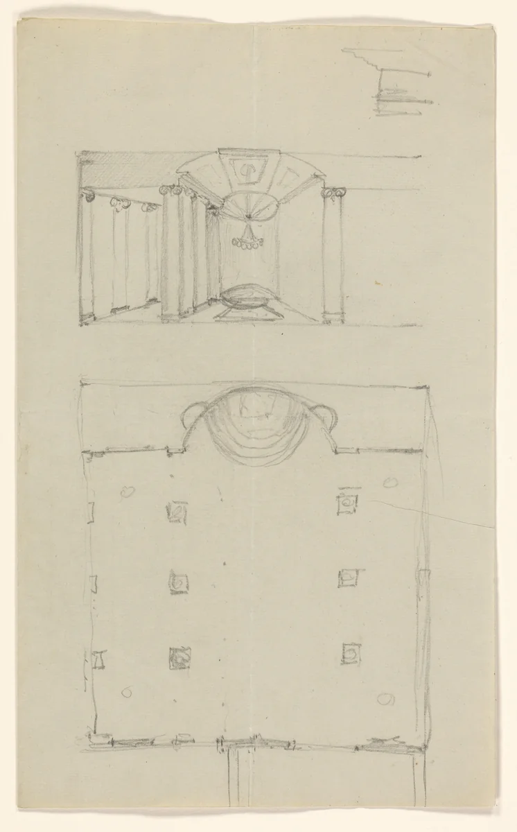 Interieur en plattegrond van een gebouw, mogelijk een kerk of tempel by A.J. Schouten, drawing, 1775-1849