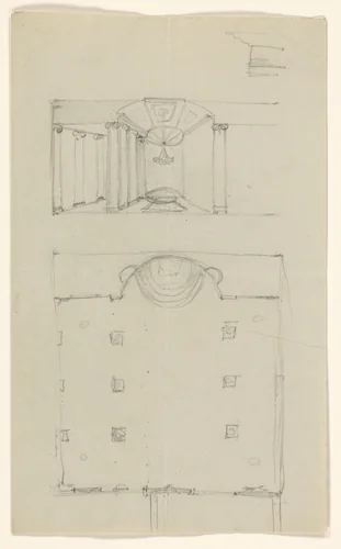 Interieur en plattegrond van een gebouw, mogelijk een kerk of tempel by A.J. Schouten, drawing, 1775-1849
