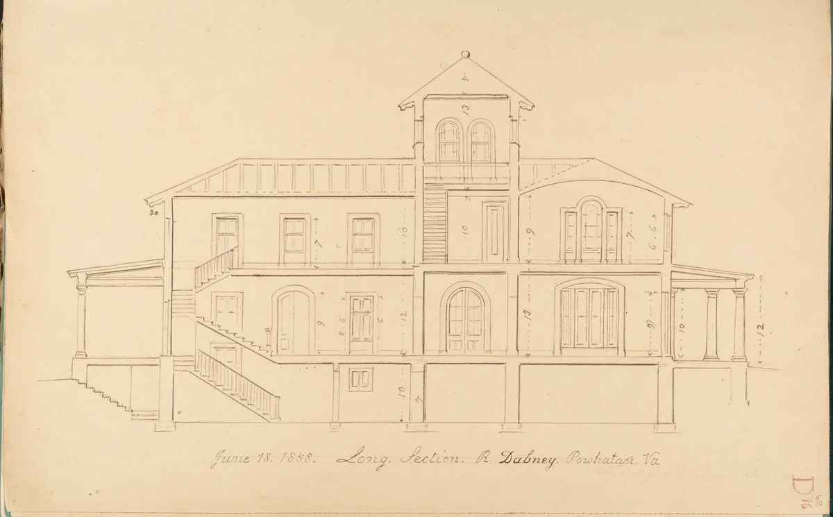 House of R. Dabney, Powhatan, Virginia (long section) by Alexander Jackson Davis, drawing, 1858