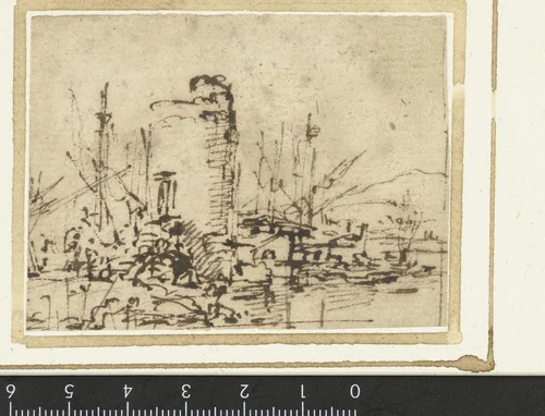 Ronde toren aan een haven by Salvator Rosa, drawing, 1640-1659