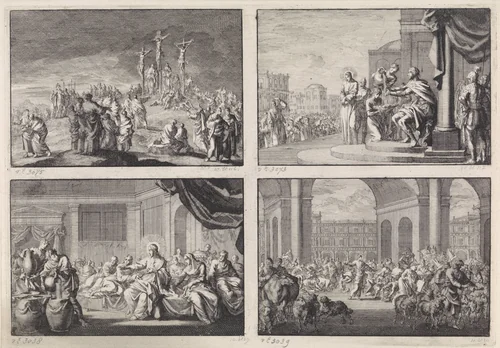 Vier voorstellingen uit het Nieuwe Testament by Jan Luyken, print, 1703