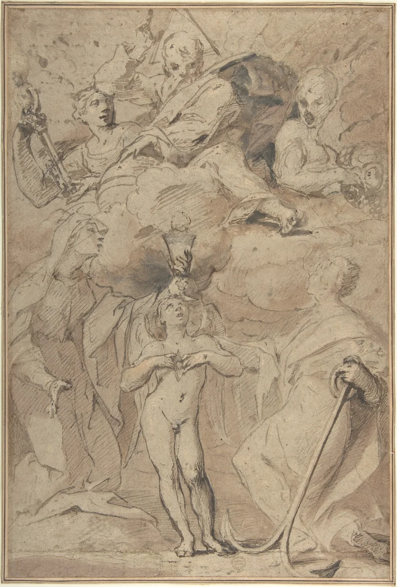 Allegory of Religion (God the Father above, Faith, Hope, and Charity below) by Ludovico Lana, drawing, 1597-1646