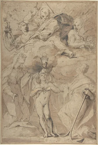 Allegory of Religion (God the Father above, Faith, Hope, and Charity below) by Ludovico Lana, drawing, 1597-1646