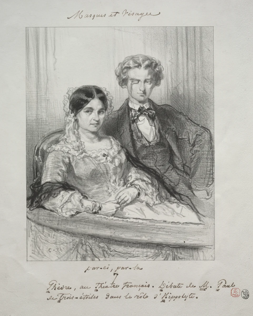 Masques et visages: Paric, par-la: Phèdre au Théâtre-Francais Debut de M. Paul de Trois-Etoiles dans le rôle d'Hippolyte by Paul Gavarni, print, 1857-1858