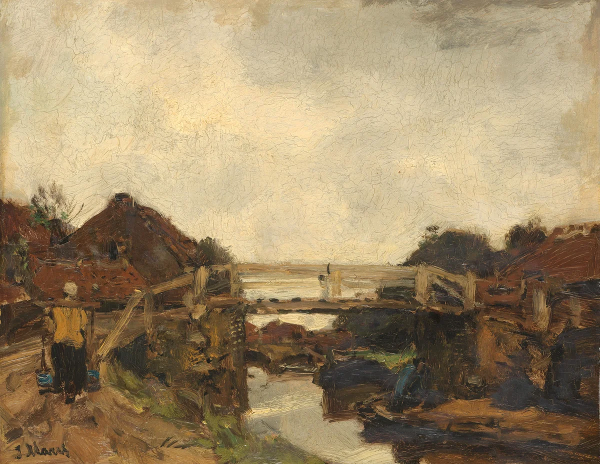 Houten brug over een vaart bij Rijswijk by Jacob Maris, painting, 1878