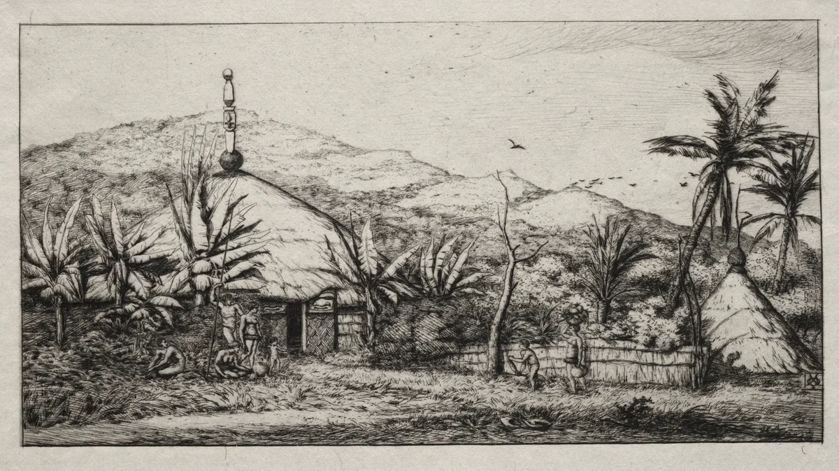 New Caledonia: Large Native Hut on the Road from Balade to Puebo, 1845 by Charles Meryon, print, 1863