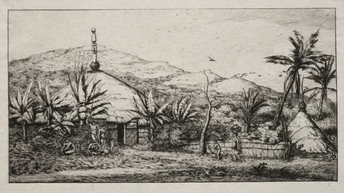 New Caledonia: Large Native Hut on the Road from Balade to Puebo, 1845 by Charles Meryon, print, 1863
