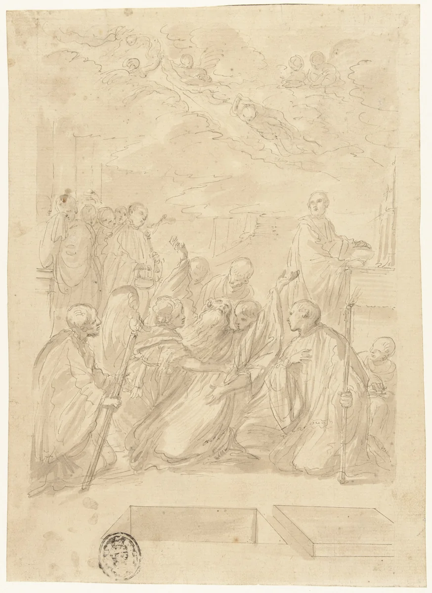 De dood van de Heilige Benedictus by Domenico Maria Canuti, drawing, 1662-1671
