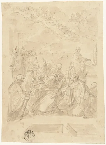 De dood van de Heilige Benedictus by Domenico Maria Canuti, drawing, 1662-1671