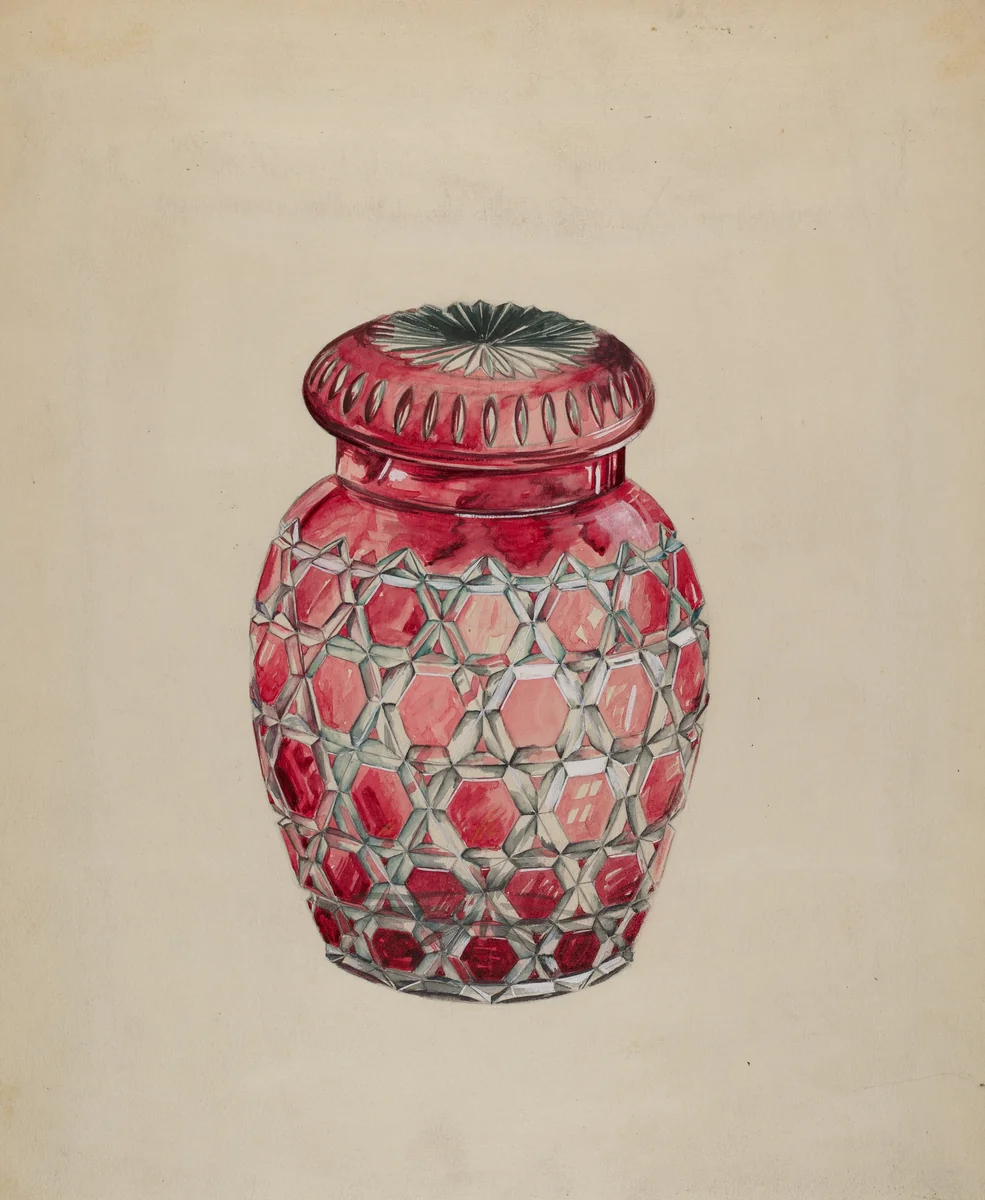 Ruby Case Glass Rose Jar by Edward White, index of american design, 1936