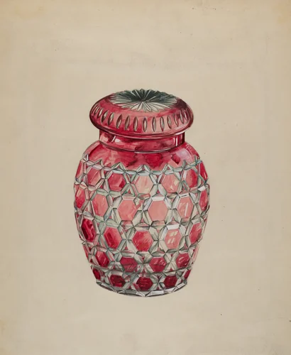 Ruby Case Glass Rose Jar by Edward White, index of american design, 1936
