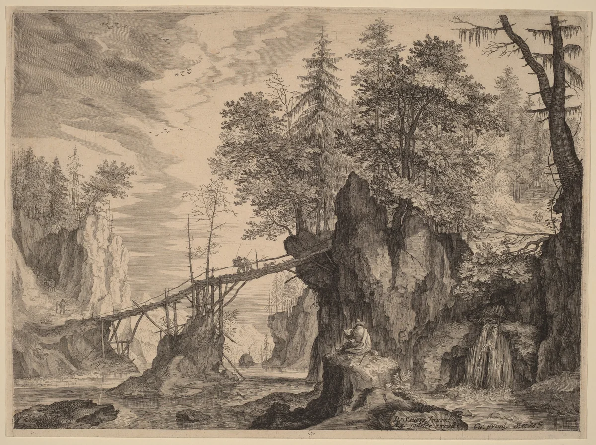 Draughtsman on a Stone before a Bridge by Aegidius Sadeler Roelandt Savery, print, 1609