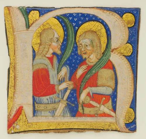 Manuscript Leaf Cutting showing an Illuminated Initial R with St. Protasius and St. Gervasius by Olivetan Master, manuscript, 1425-1475