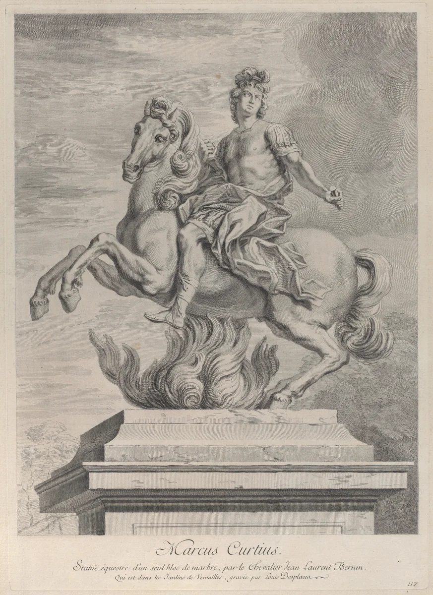 A statue of Marcus Curtius on horseback by Louis Desplaces, print, 1729-1740