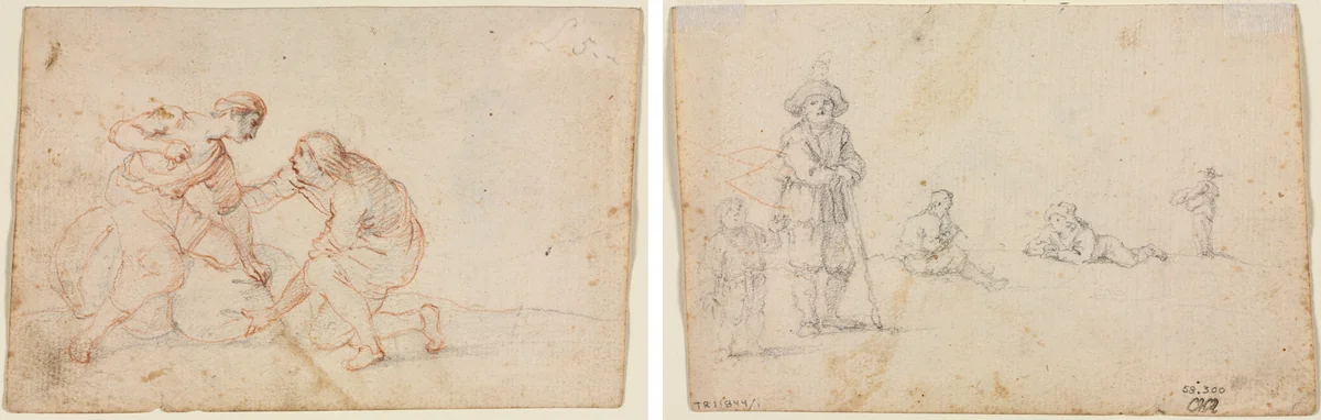 Two Men Tying a Bundle (recto) Five Figure Studies (verso) by anonymous, drawing, 1600-1699