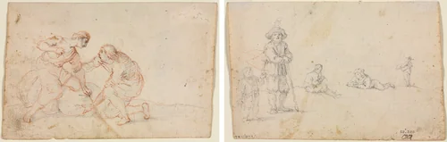 Two Men Tying a Bundle (recto) Five Figure Studies (verso) by anonymous, drawing, 1600-1699