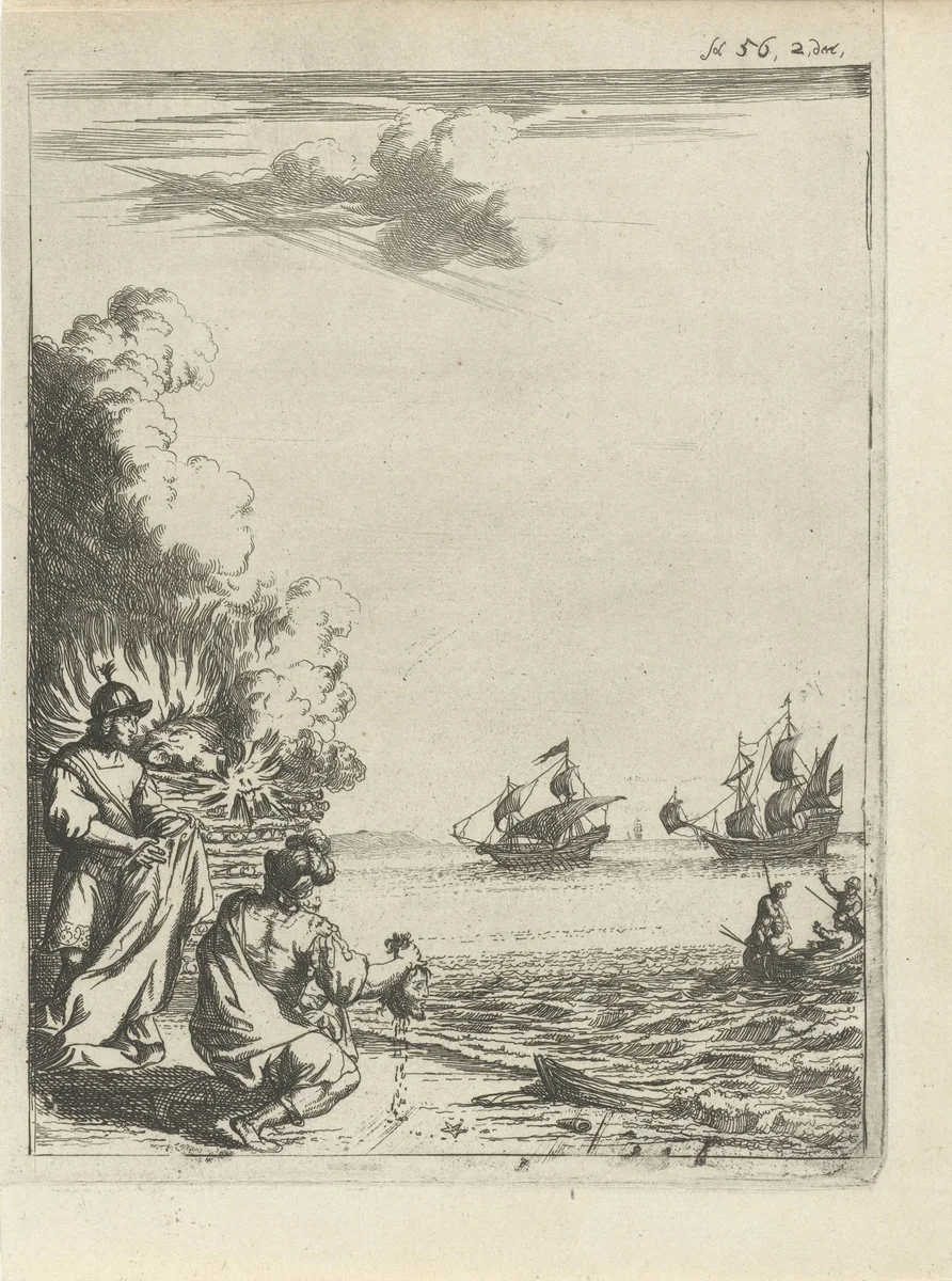 Onthoofde lijk van Pompeius verbrand by Arnold Houbraken, print, 1681-1683