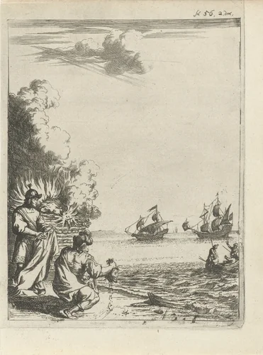 Onthoofde lijk van Pompeius verbrand by Arnold Houbraken, print, 1681-1683