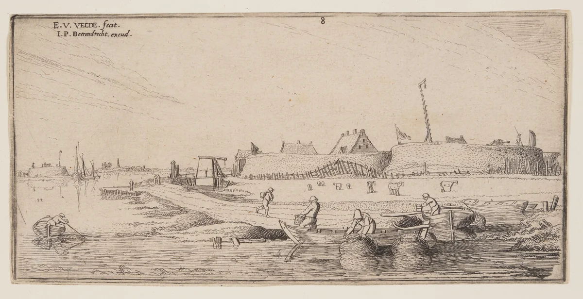 Fishermen in Rowboats Before a Walled Town, from Landscapes by Esaias van de Velde, print, 1610-1630