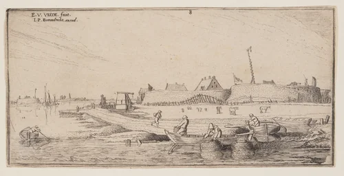 Fishermen in Rowboats Before a Walled Town, from Landscapes by Esaias van de Velde, print, 1610-1630