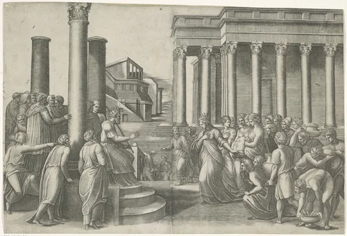 Salomo en de koningin van Seba by Marcantonio Raimondi, print, 1490-1527