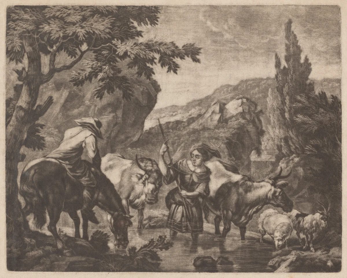Cattle Fording a Stream by Robert Robinson; Nicolaes Pietersz Berchem, print, 1680-1690
