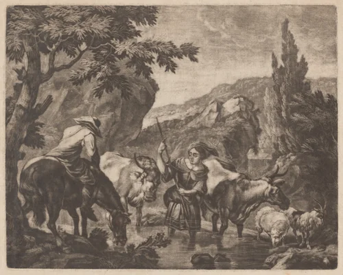 Cattle Fording a Stream by Robert Robinson; Nicolaes Pietersz Berchem, print, 1680-1690