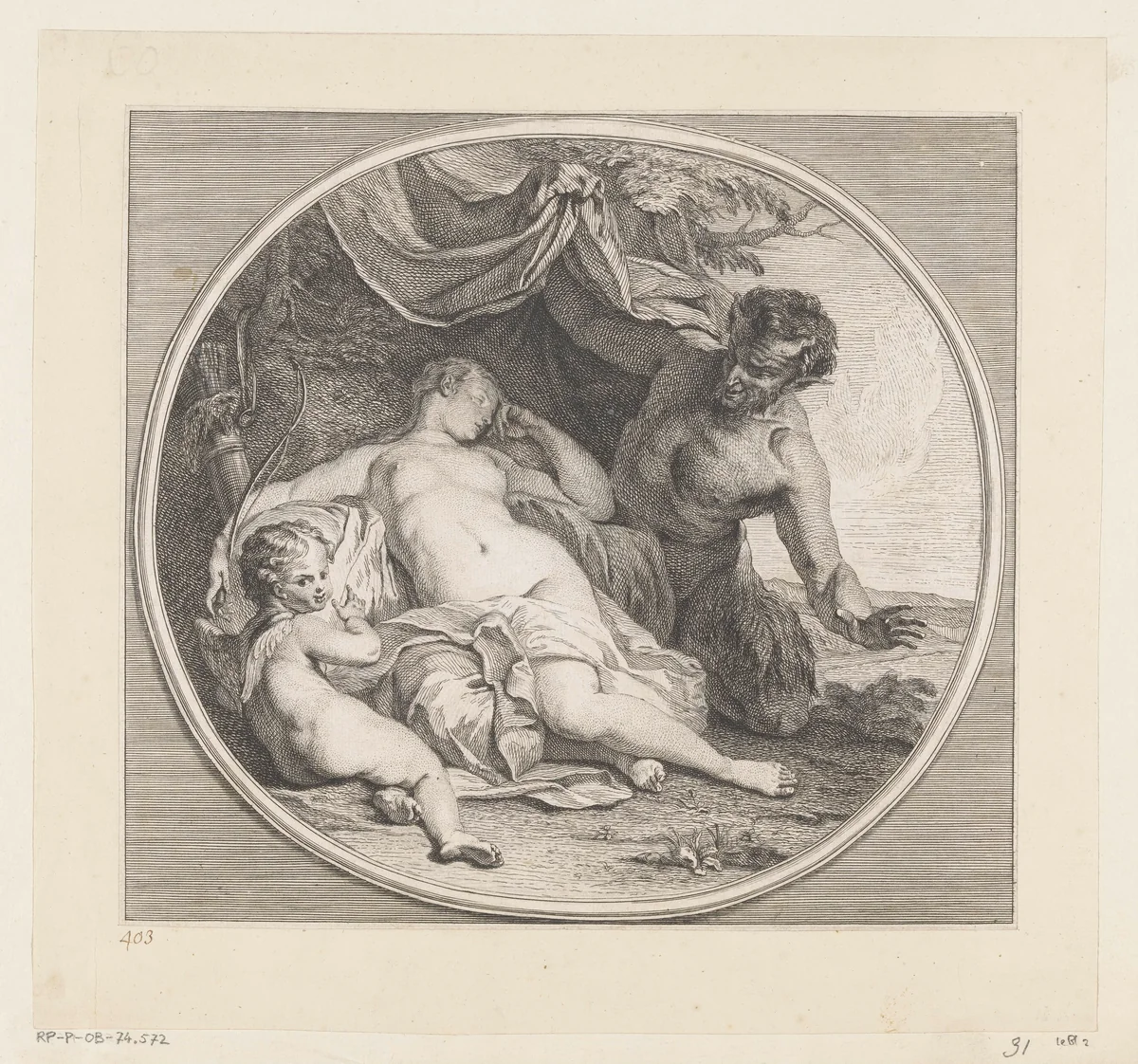 Slapende Venus bespied door een sater by Antoine R. Trochon, print, 1700-1757