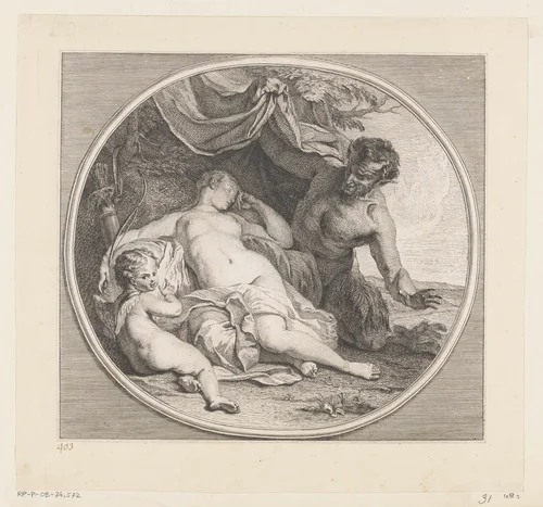 Slapende Venus bespied door een sater by Antoine R. Trochon, print, 1700-1757