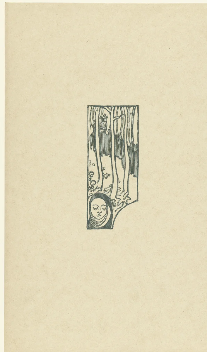 Illustratie met hoofd van vrouw met gesloten ogen en bomen bij gedicht in gedichtenbundel Sagesse van Paul Verlaine by Maurice Denis, print, 1895