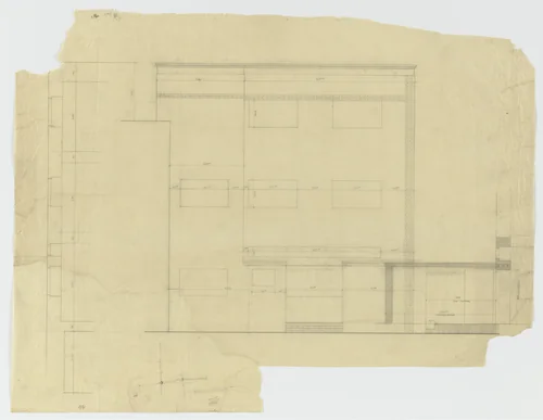 Wolf House, Gubin, Poland (Elevation and plan: ground, second, third floors) by Ludwig Mies van der Rohe, mies van der rohe archive, 1925