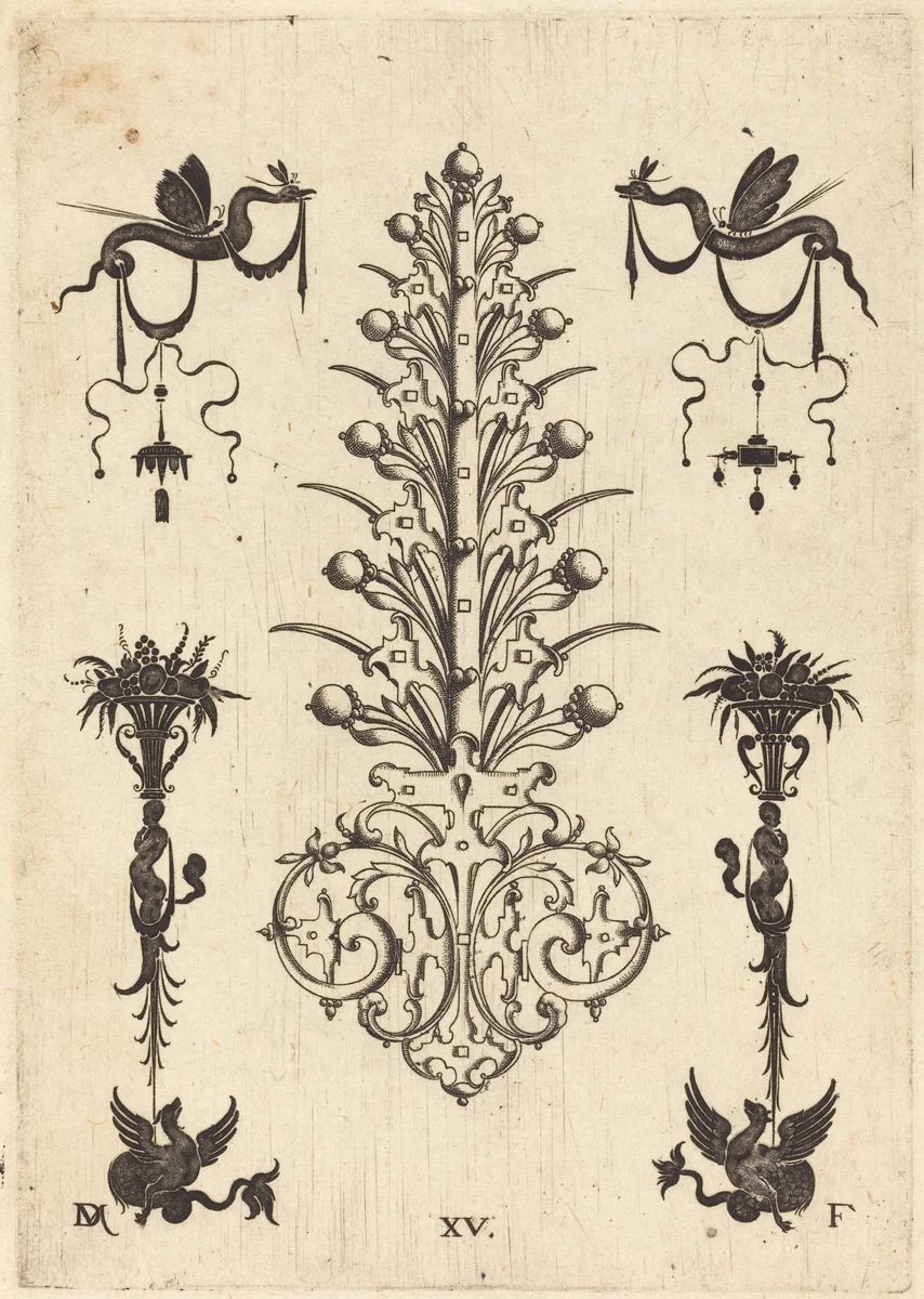 Hyacinth-Shaped Brooch with Winged Snakes at Top and Winged Animals at Bottom by Daniel Mignot, print, 1596