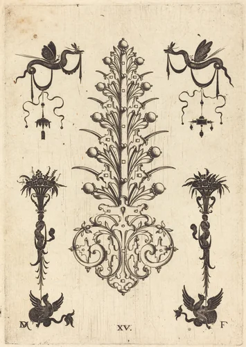 Hyacinth-Shaped Brooch with Winged Snakes at Top and Winged Animals at Bottom by Daniel Mignot, print, 1596