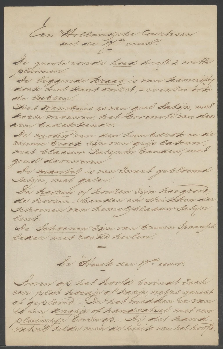 Uitleg van verschillende kledingstukken uit de zeventiende eeuw by anonymous, manuscript, 1800-1899