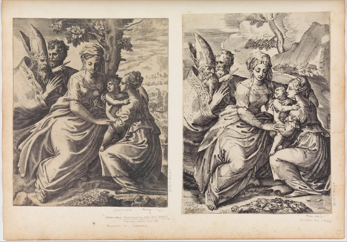 Madonna and Child [Madonna and Child with St. Catherine, St. Joseph and A Bishop] by Giulio Bonasone, print, 1531-1576
