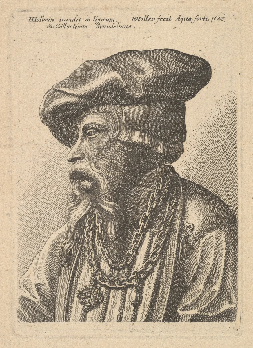 Bearded man with chain necklace, possibly from "A Collection of Original Etchings" by Wenceslaus Hollar, print, 1647