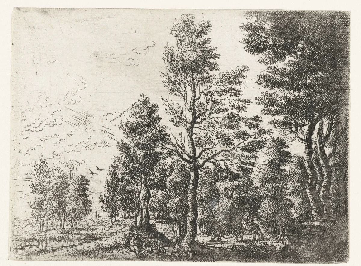 Landschap met een man met een ezel by Philips Augustijn Immenraet, print, 1637-1679