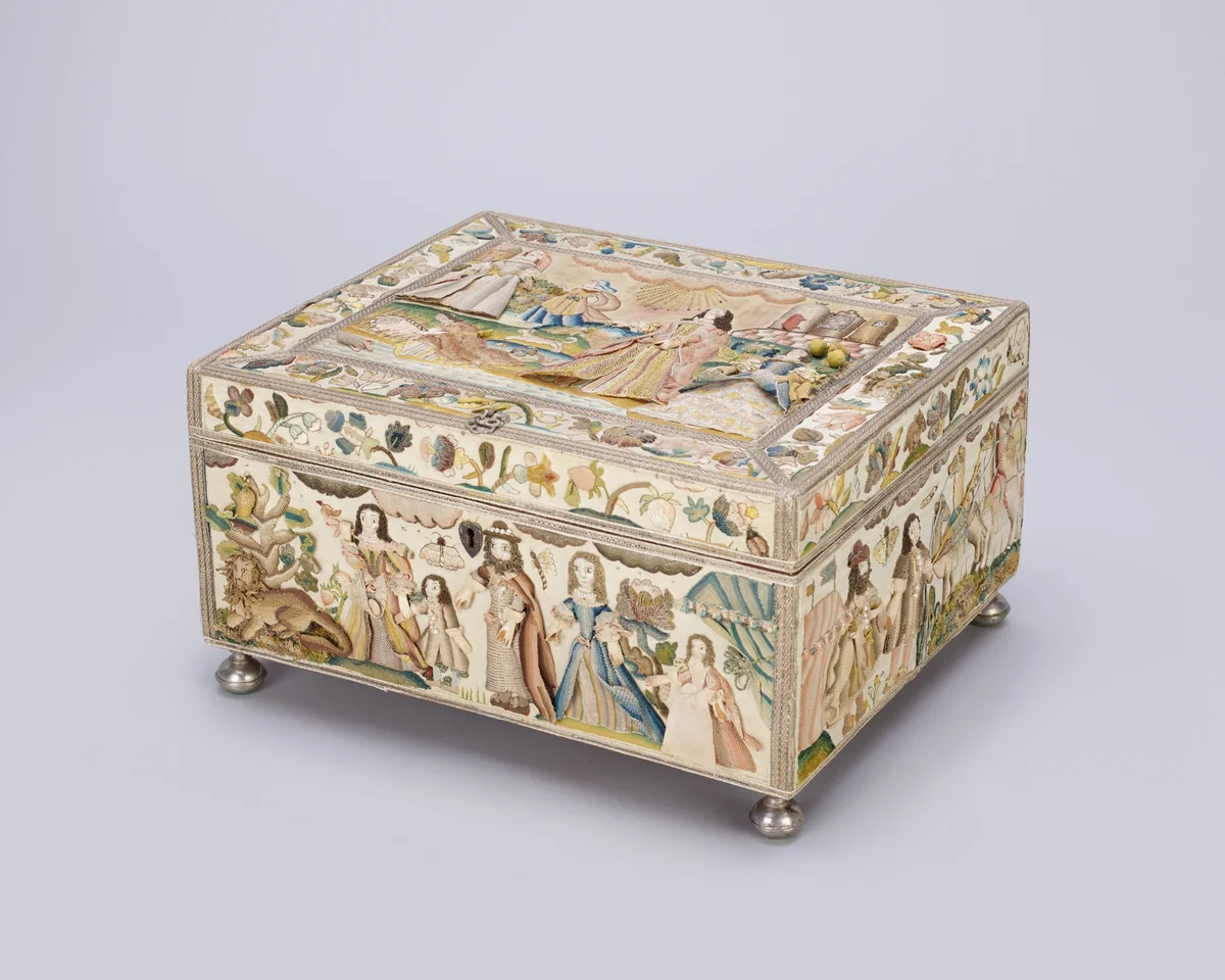 Dressing Box Depicting the Finding of Moses and Scenes from Abraham and Hagar by England, textile, 1650-1675