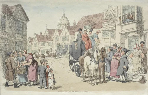 Dolphins Inn: Greenwich and Woolwich Coaches by Thomas Rowlandson, print, 1816