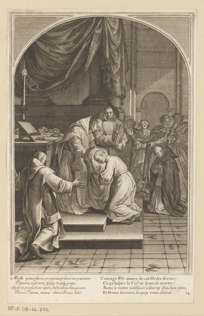 Heilige Bruno verstrekt het habijt van de orde by François Chauveau, print, 1623-1676